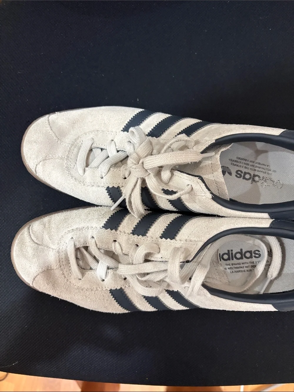 adidas Women’s Beige Suede Sneakers with Black Stripes. Size 9.5